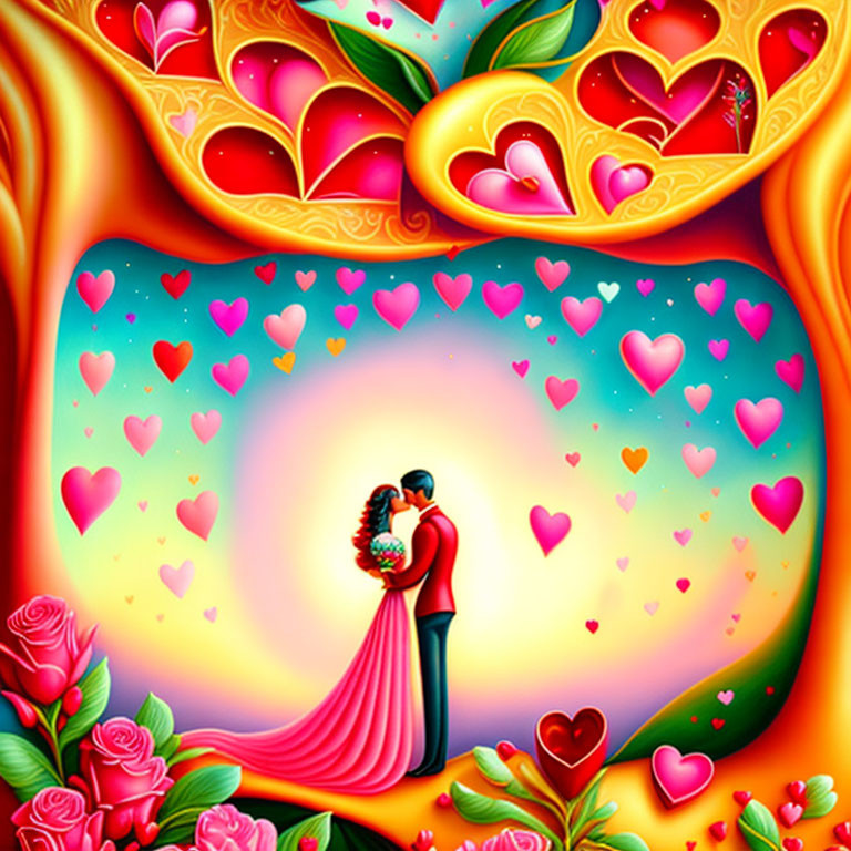 Vibrant Couple Embracing in Heart-Shaped Setting