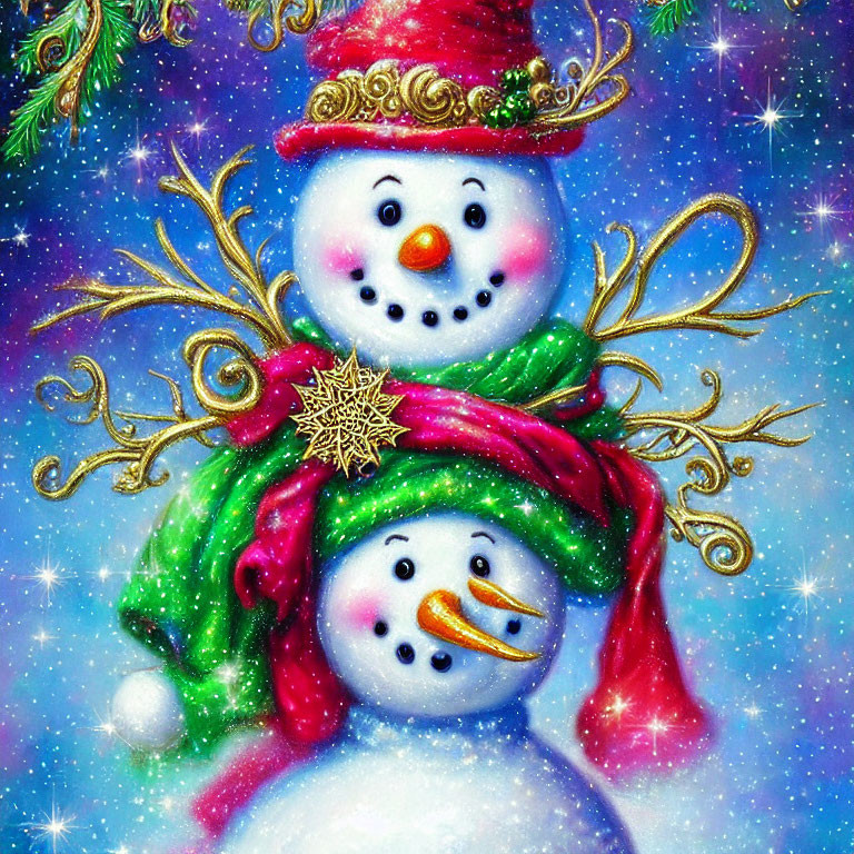 Cheerful snowmen with festive hats and starry sky scene