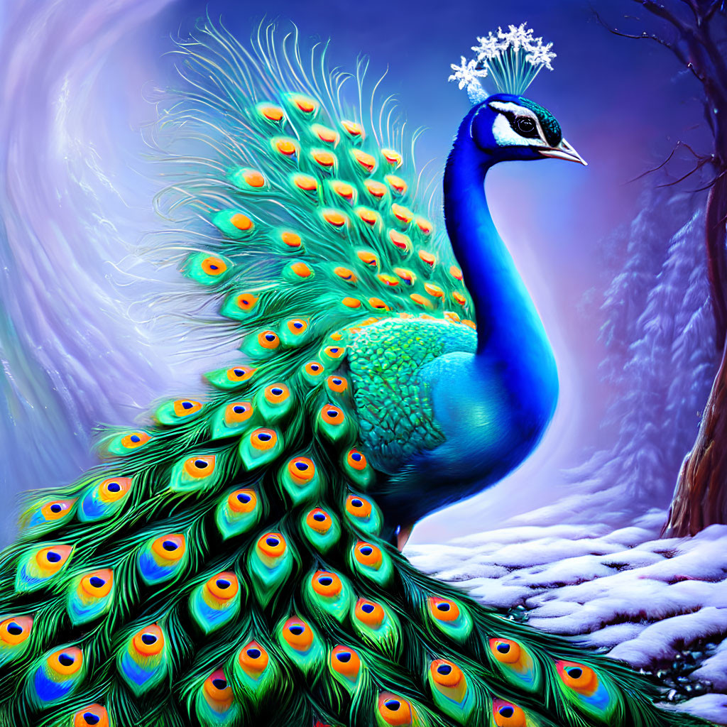 Colorful peacock illustration against snowy forest backdrop