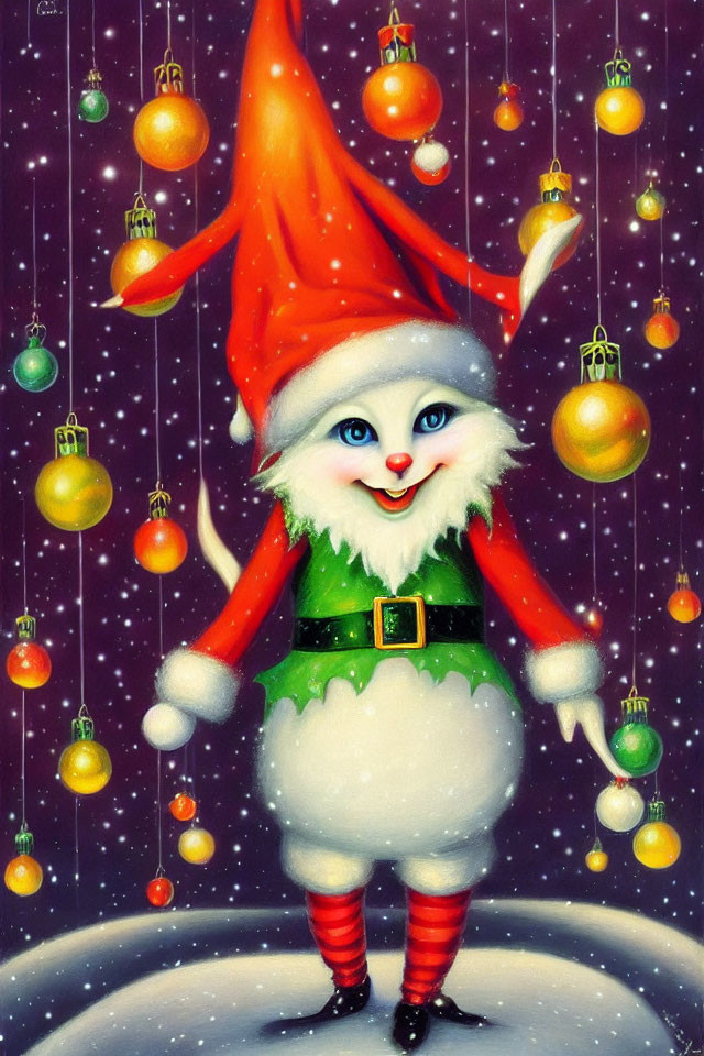 Cheerful anthropomorphic cat in Santa Claus outfit with Christmas ornaments