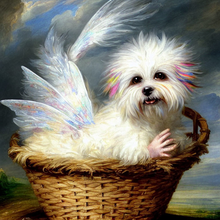 Fluffy white dog with colorful wings in wicker basket against painted sky background