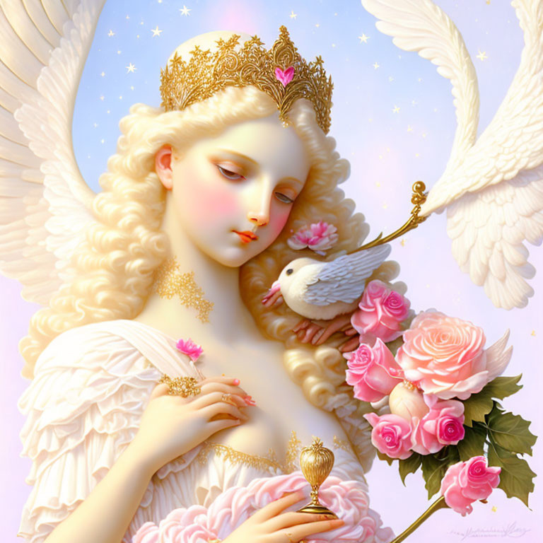 Golden-crowned angel holding dove and scepter among pink roses