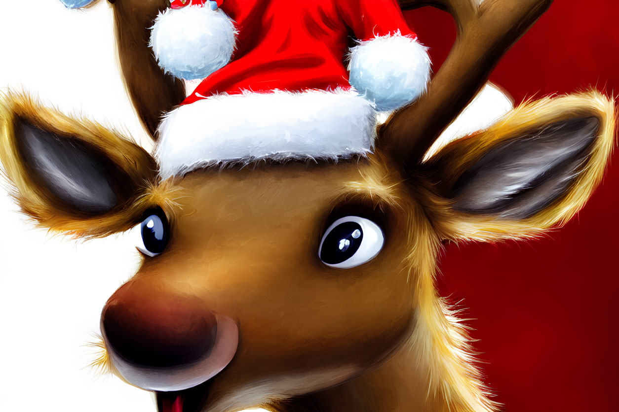 Cheerful cartoon reindeer with Santa hat and sparkling eyes