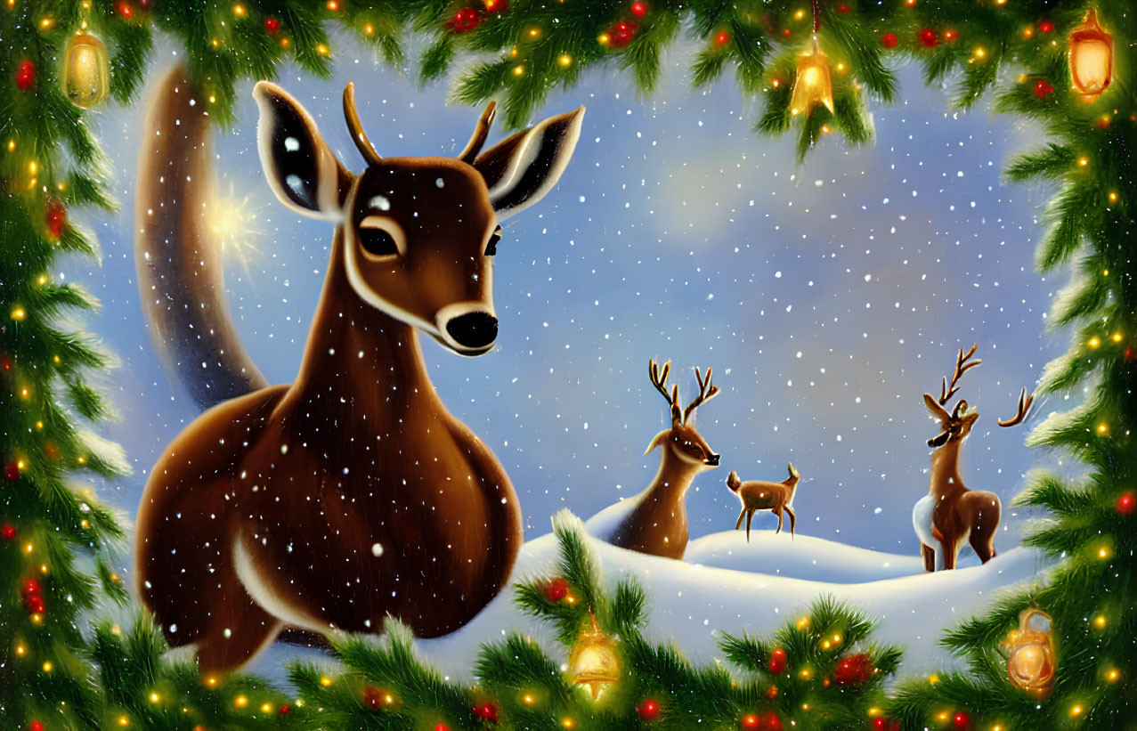 Friendly reindeer in snowy scene with festive lights and falling snow