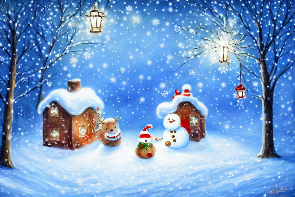 Snowman, reindeer, snow-covered houses in starlit winter scene