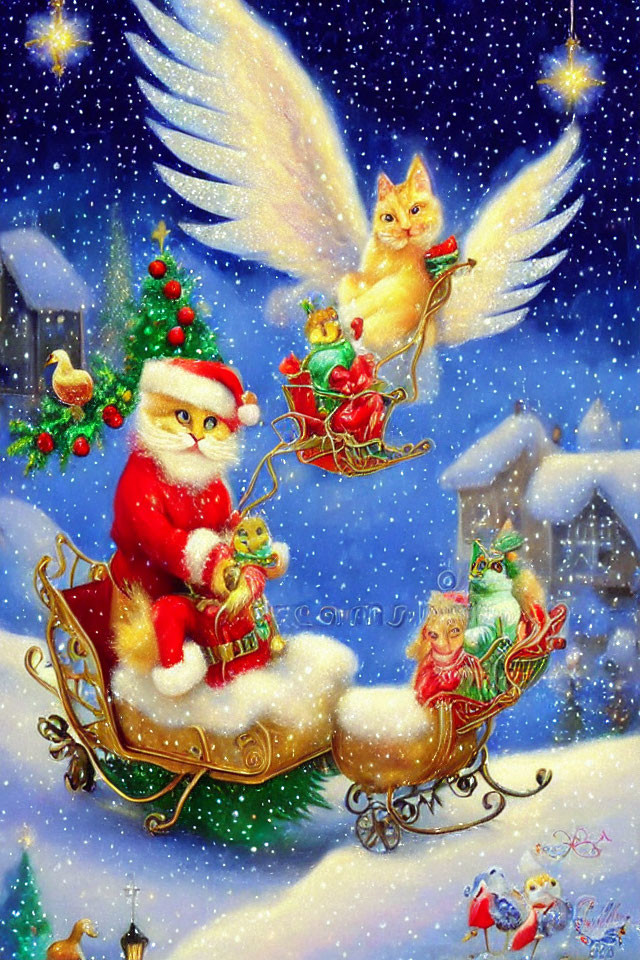 Festive Christmas illustration with Santa, angel wings, flying cat, and snowfall