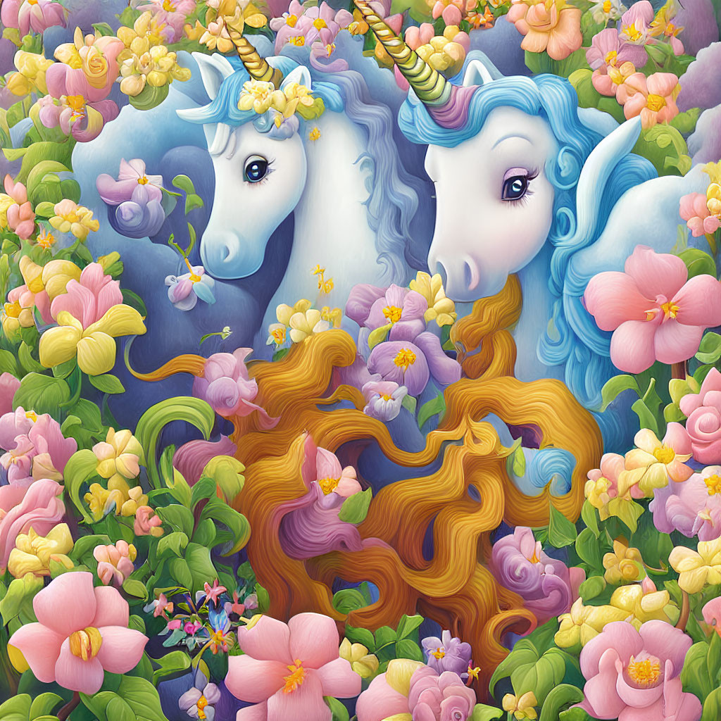 Vibrant unicorns with flowing manes in colorful flower field