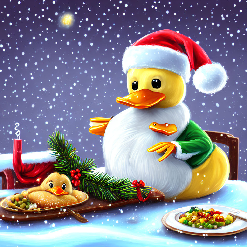 Cartoon ducks in festive scene with Santa hat, candle, holly, and snow