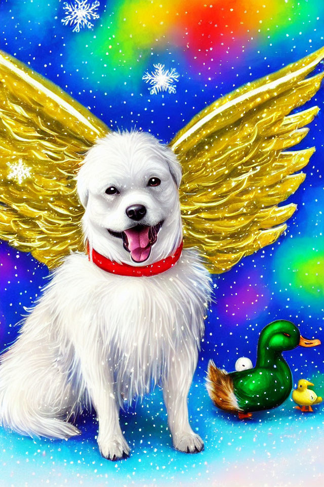 Fluffy white dog with golden wings in snowy scene with rubber ducks