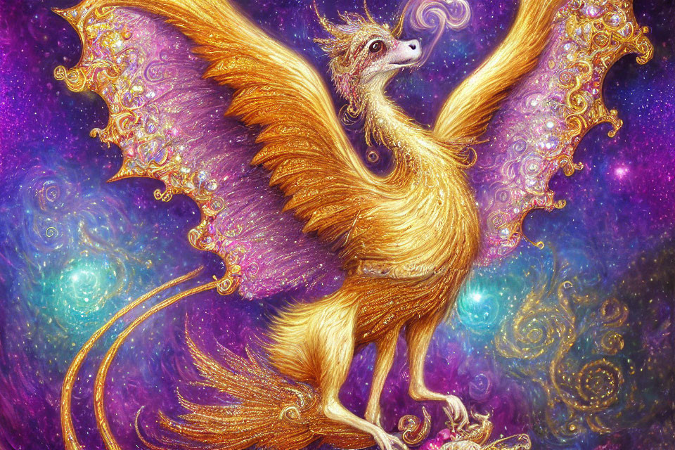 Golden dragon with feathered wings in cosmic background with purple hues.