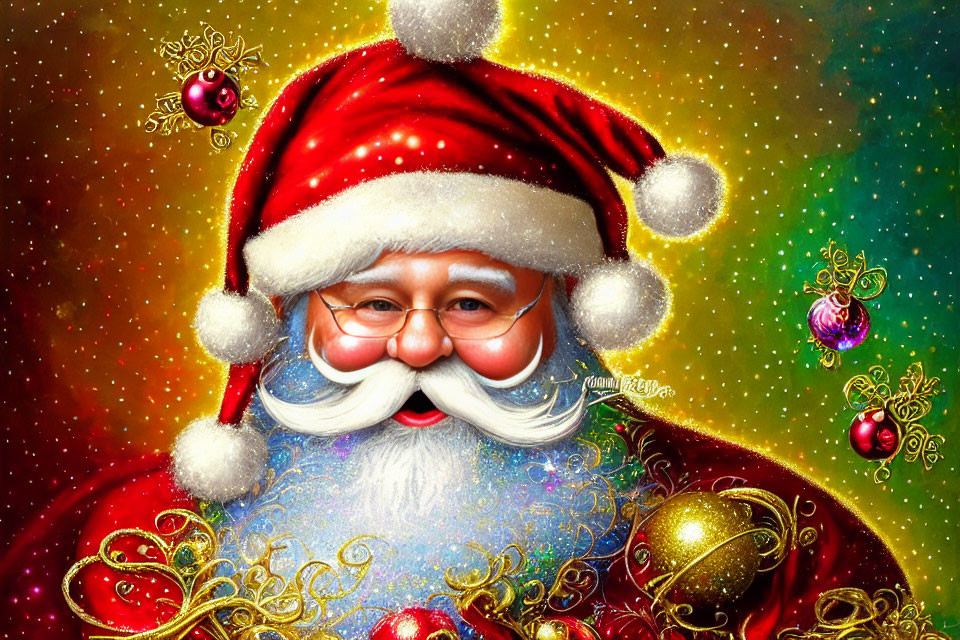 Colorful Santa Claus illustration with blue suit and red hat amid Christmas ornaments.