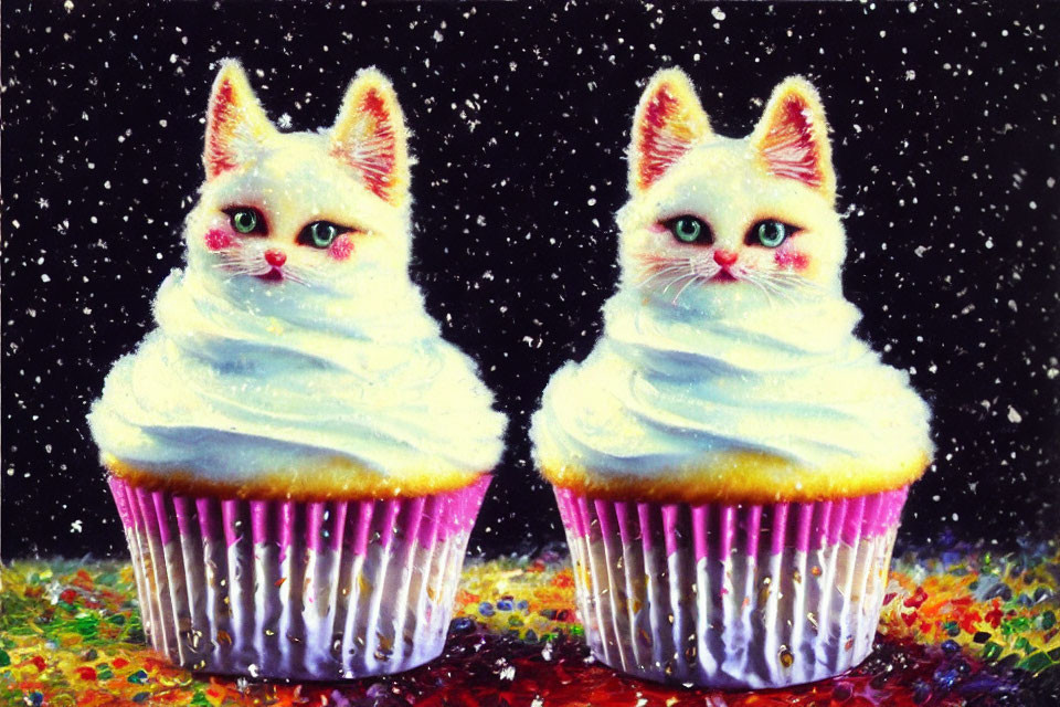 Whimsical cat-themed cupcakes on starry backdrop