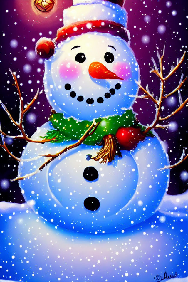 Cheery snowman with carrot nose, button eyes, green scarf, red hat in snowy night scene