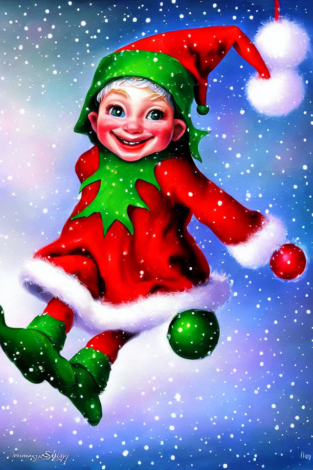 Colorful animated elf in red and green costume with snowflakes and ornament
