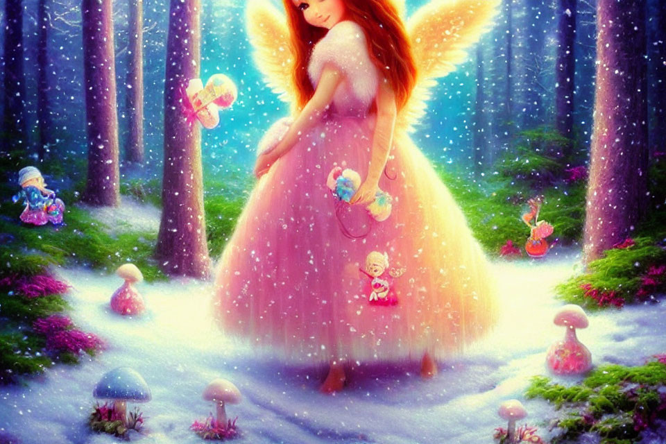 Glowing fairy with wings in enchanted forest surrounded by butterflies and mushrooms
