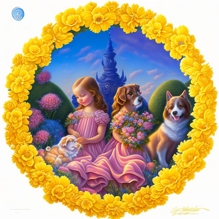 Girl in Pink Dress with Two Dogs Surrounded by Yellow Flower Wreath