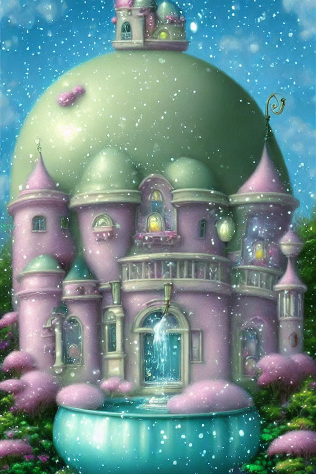 Whimsical Pink Castle with Round Towers and Turrets in Snowy Starry Sky