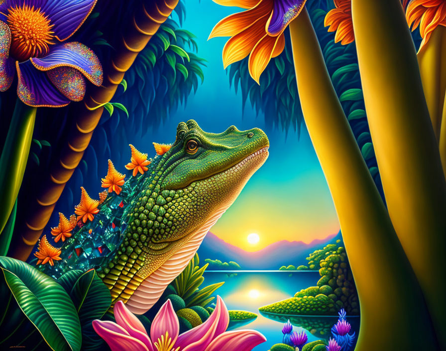 Colorful Alligator Illustration with Exotic Flora and Sunset