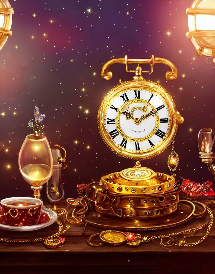 Golden clock and elegant tableware in starry space with jewelry and butterfly wine glass