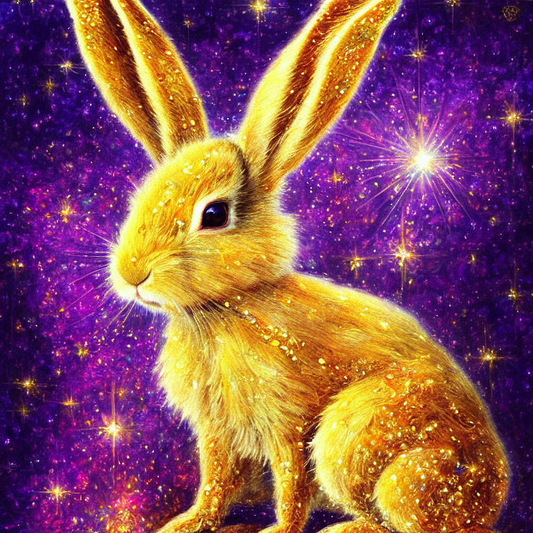 Golden Glittering Rabbit on Starry Purple Background