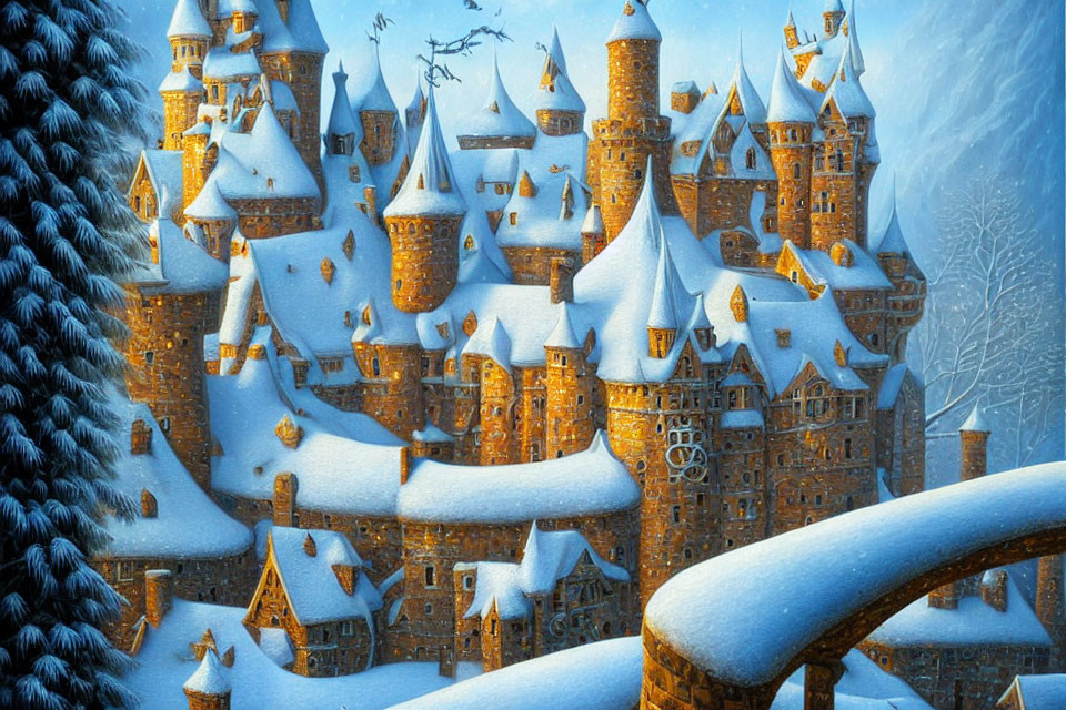 Snow-covered fantasy castle with turrets, warm lights, twilight sky, and winter trees