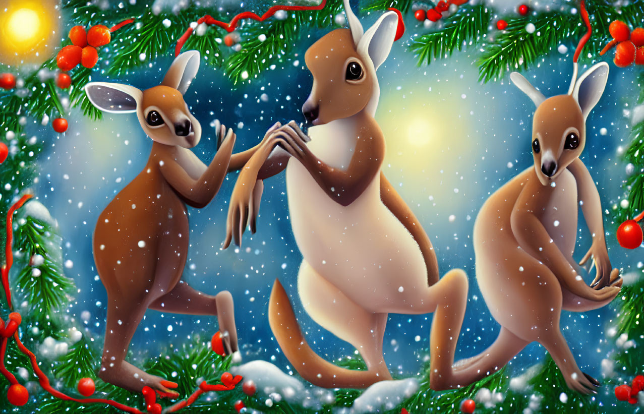 Cartoon kangaroos in snowy scene with festive decorations