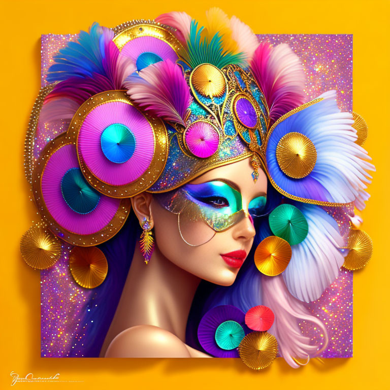 Colorful Woman with Feather Headdress and Blue Eye Mask on Glittery Yellow Background