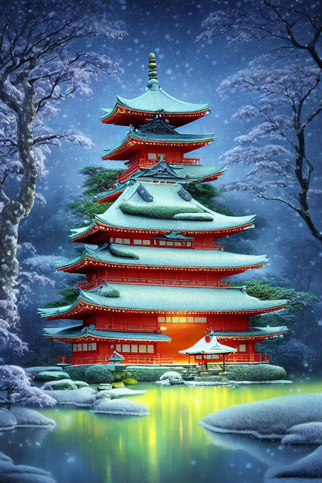 Red Pagoda in Snowy Forest Under Starry Night Sky