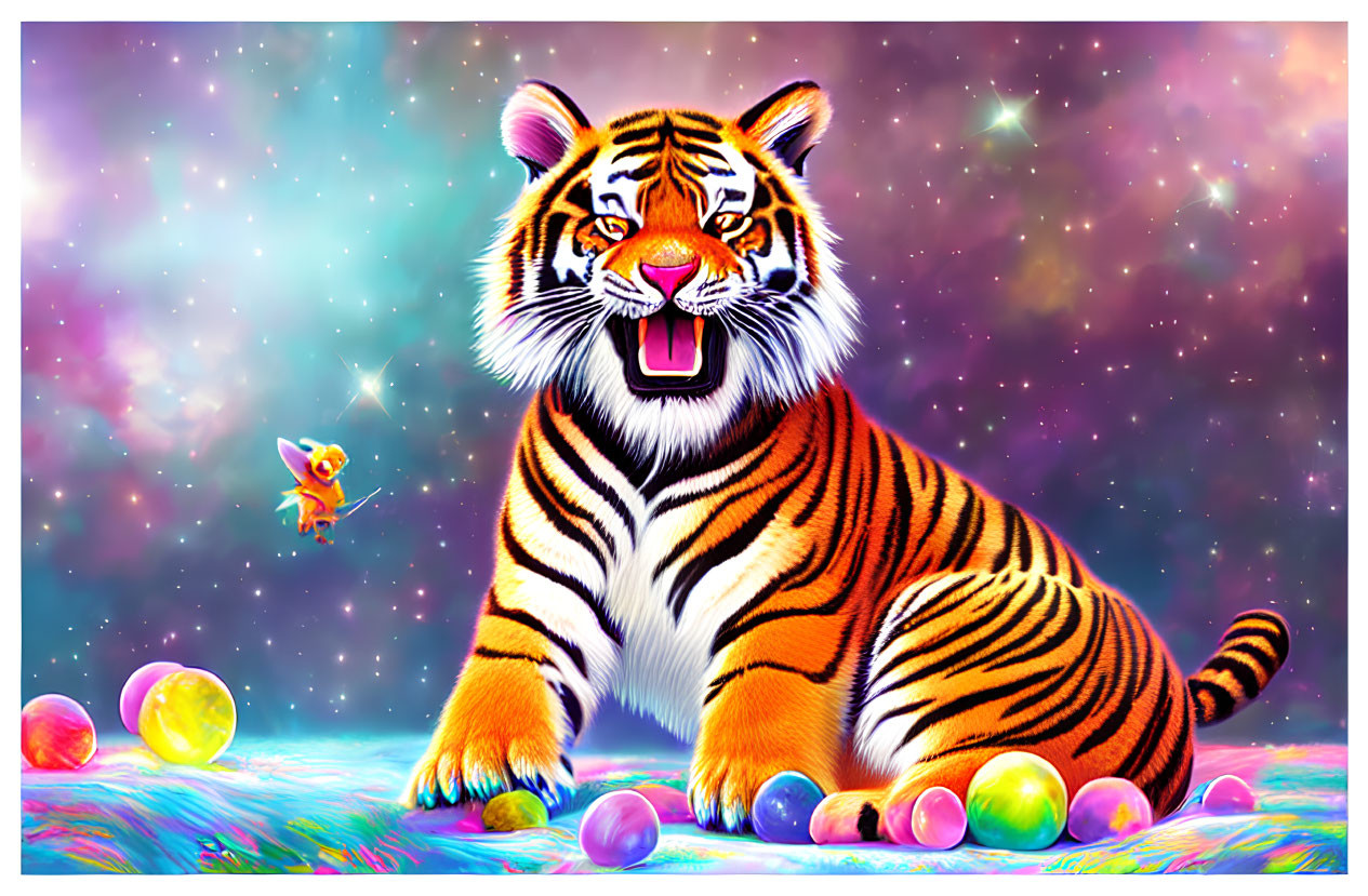 Colorful Tiger Surrounded by Orbs and Cosmos Background