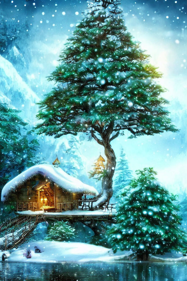 Snow-covered cabin under evergreen tree in serene winter landscape