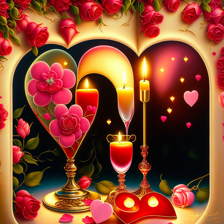 Heart-shaped frame with roses and candles in romantic illustration