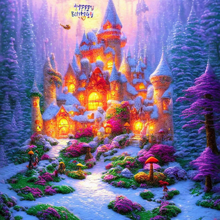 Snowy fairytale castle surrounded by colorful trees and glowing windows in birthday scene