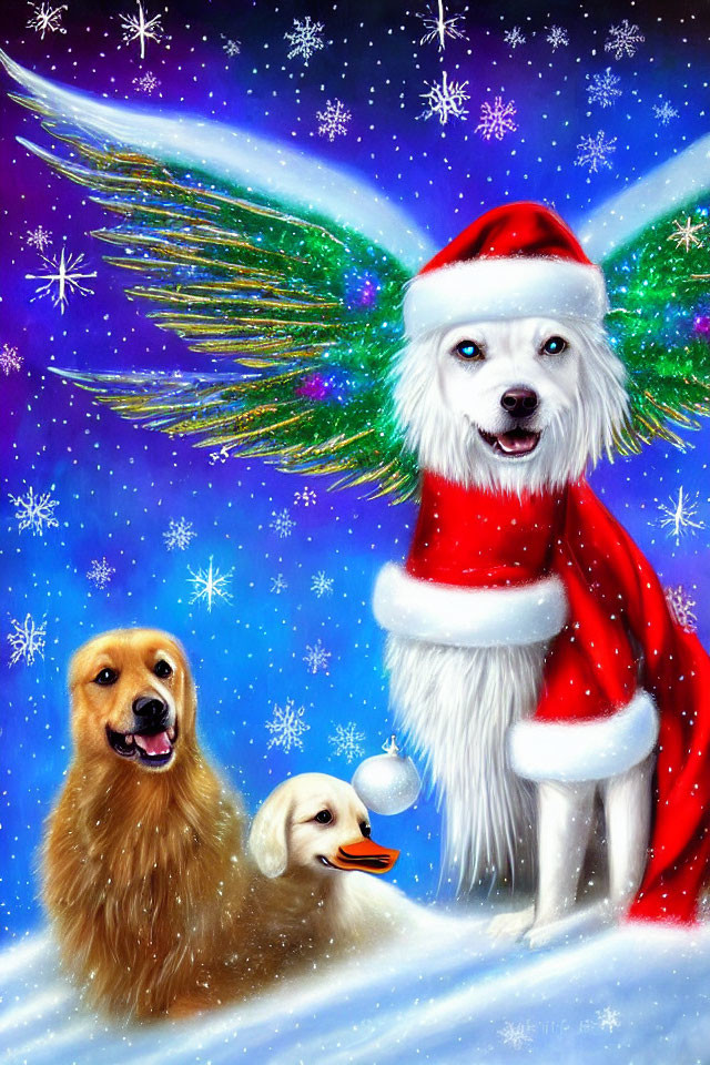 Festive dogs illustration: Santa costume, wings, snowball, smiling, snowflakes