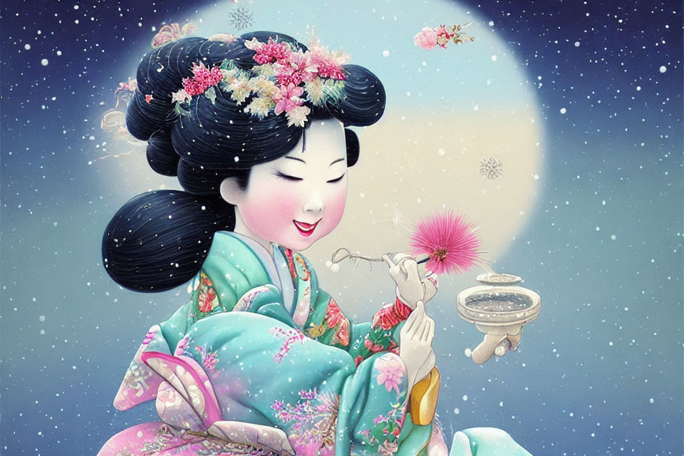 Smiling woman in East Asian attire with incense burner and cherry blossoms