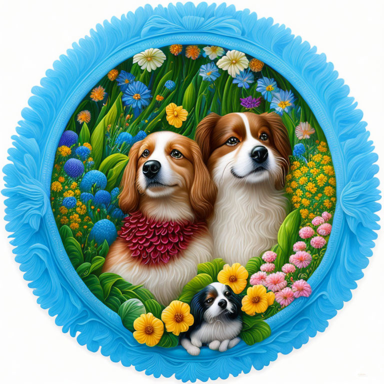 Cheerful dogs and a puppy with vibrant flowers in blue oval frame