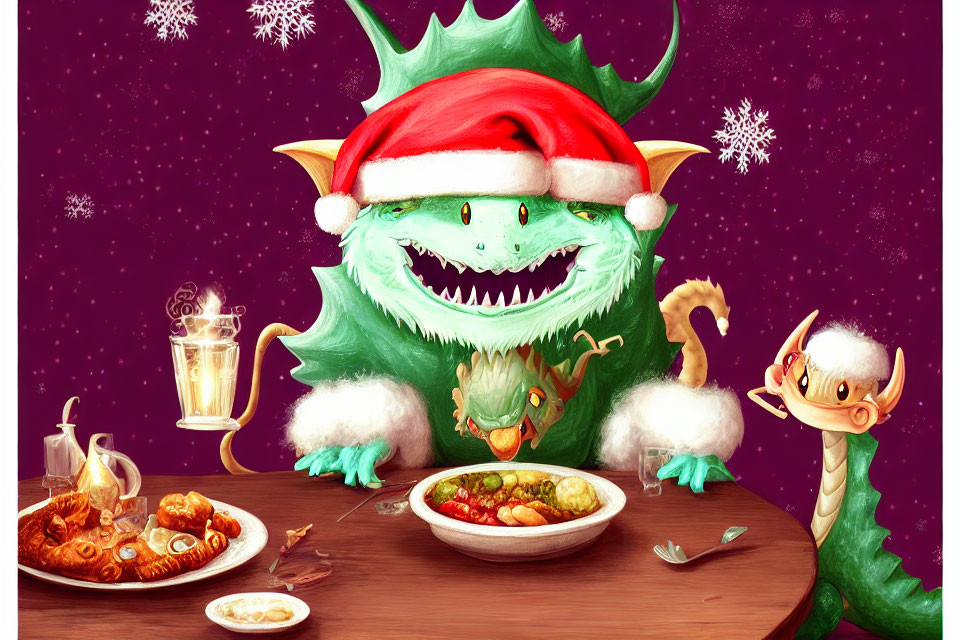 Cartoon dragon in Santa hat at holiday table with two dragons, purple background