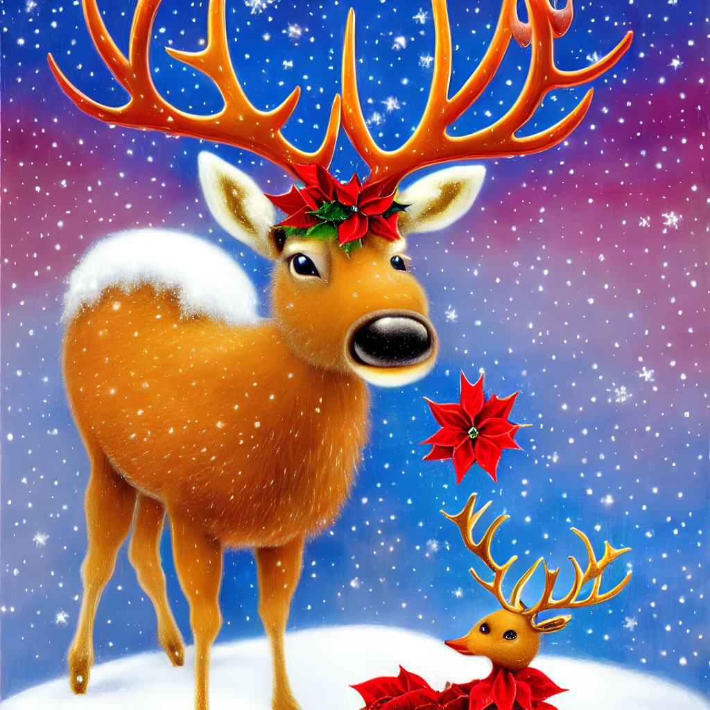 Two reindeer with poinsettia decorations in snowy, starry scene