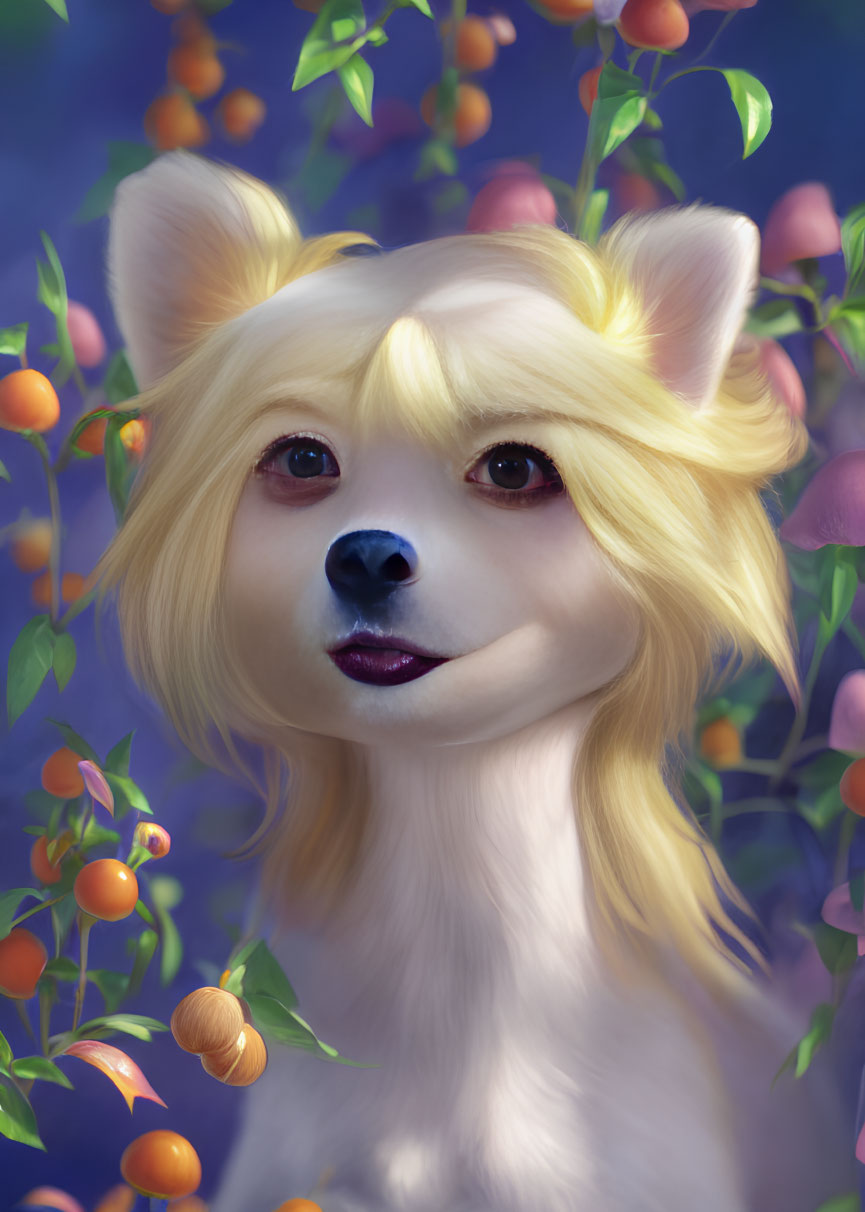 Blond-Haired Fox Surrounded by Orange Berries on Blue Background