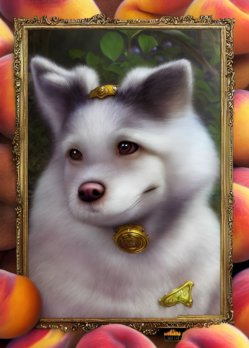 Regal white dog with golden tiara and jewelry in classic border surrounded by vibrant peaches