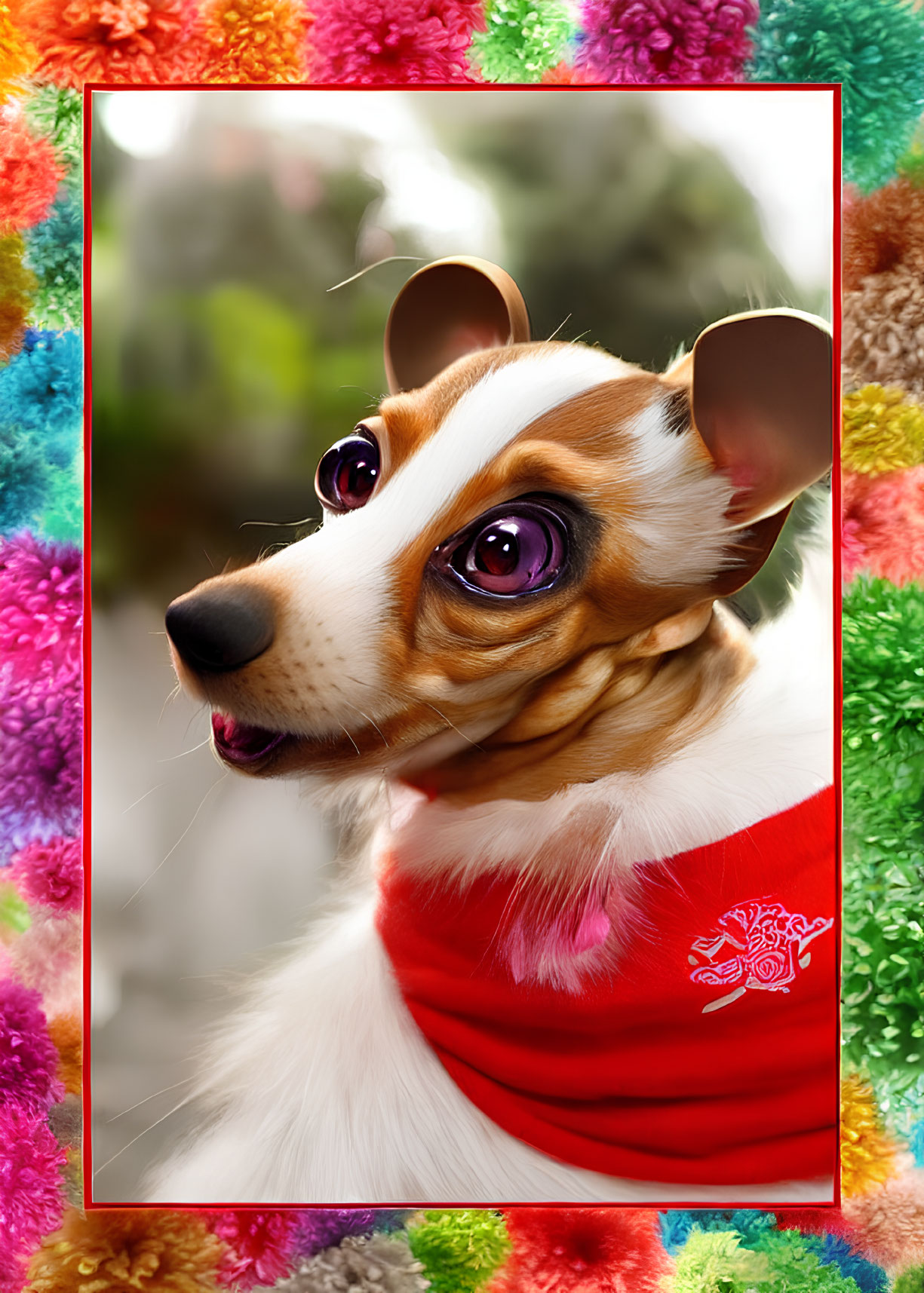 Colorful Cartoon Dog Illustration with Large Eyes and Red Garment