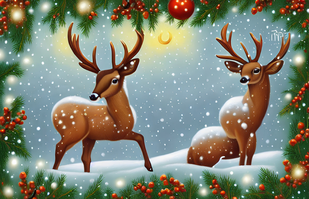 Illustrated reindeer in snowy scene with festive decorations and soft glow