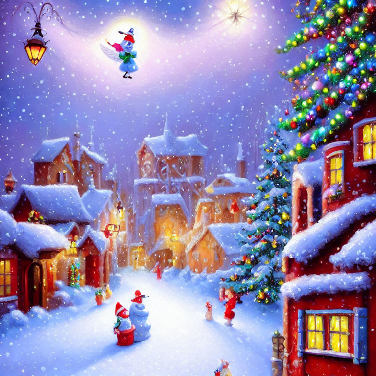 Snowy Village with Christmas Decorations and Flying Bird