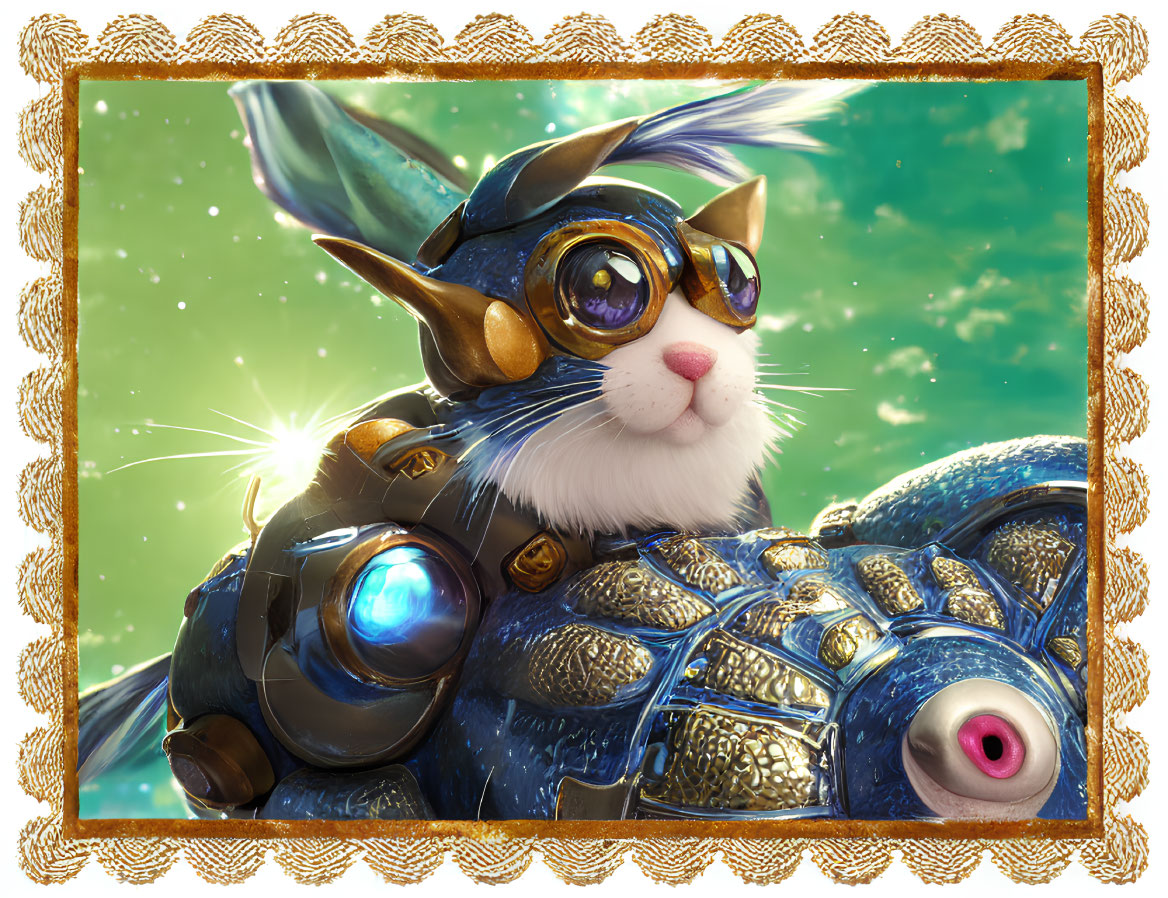Fantasy rabbit in blue armor and goggles with ornate background