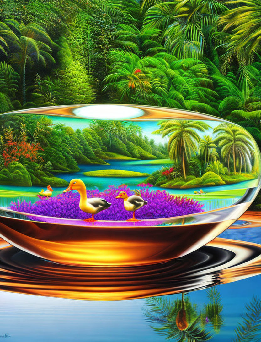 Colorful rubber ducks on purple flowers in glass bowl with tropical background.