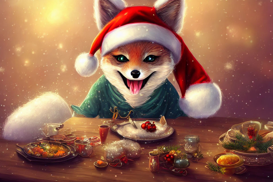 Festive fox in Santa hat at holiday feast with snowfall