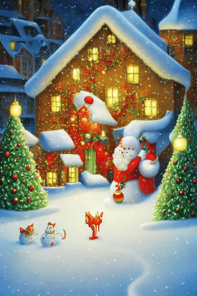 Snowy Christmas scene with house, trees, snowman, and playful cats at night