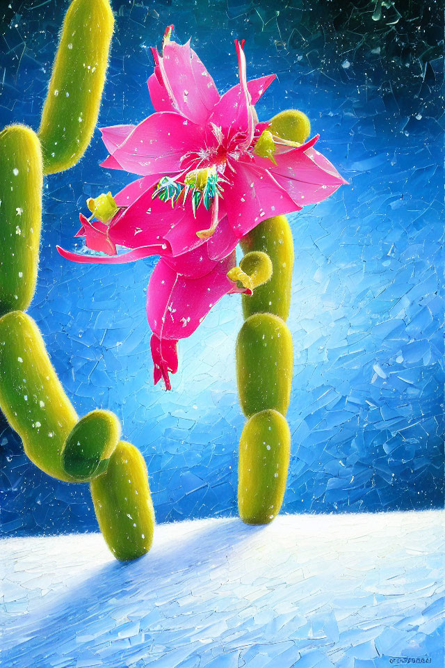 Pink cactus flower blooming in snowfall against blue sky