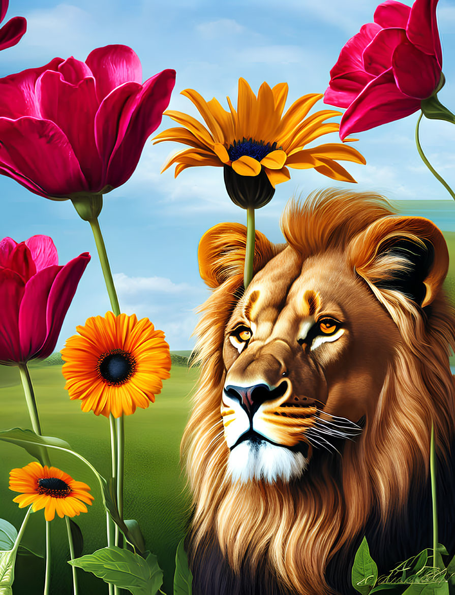 Colorful Lion Head Illustration Among Flowers Under Blue Sky