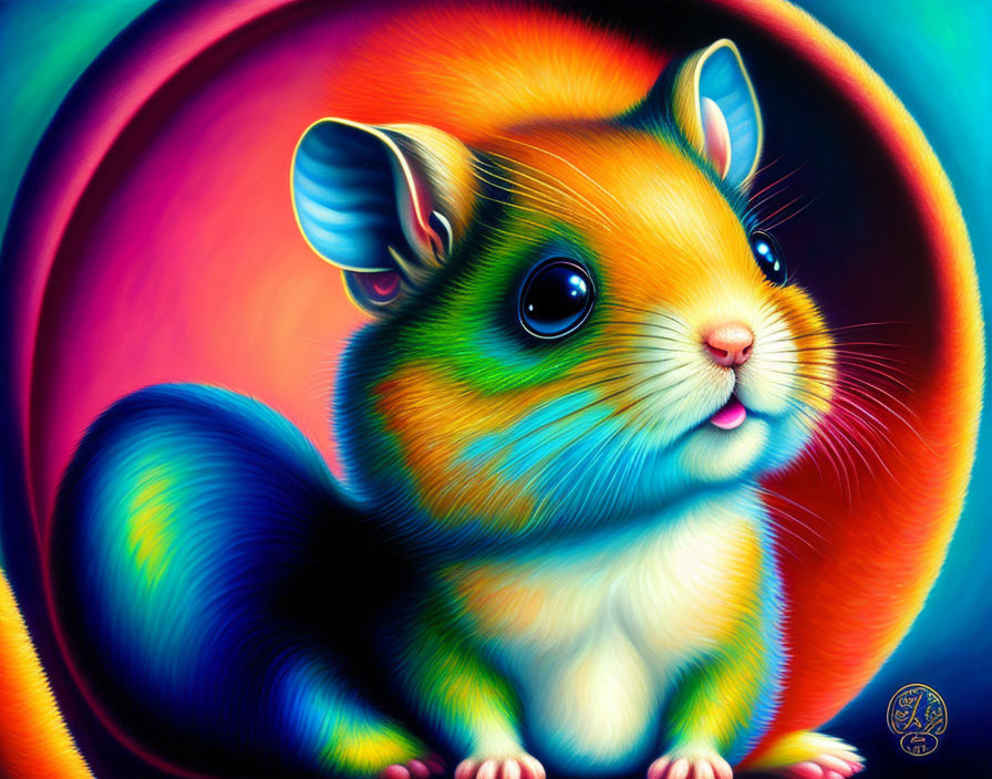 Vibrant chubby-cheeked rodent in orange, blue, and purple on psychedelic backdrop