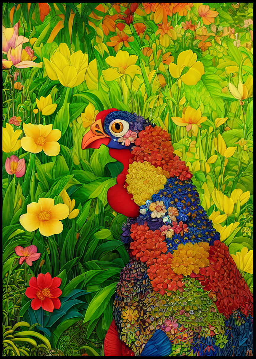 Colorful pheasant illustration among flowers and foliage